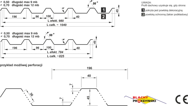 Rysunki techniczne blachy trapezowej z wymiarami: L efekt. 980, L całk. ≈ 1040 i L efekt. 784, L całk. ≈ 825.